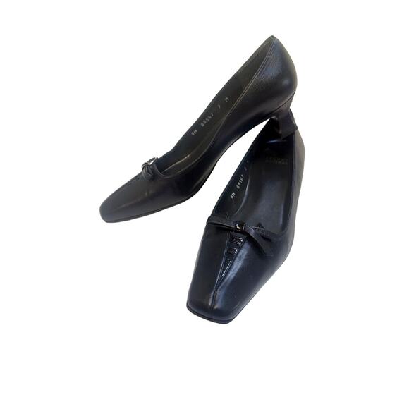 Stuart Weitzman Women's Pumps Leather Square Toe Bow Shoes Low‎ Heel Black 7M - Picture 2 of 11